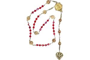 Handmade Catholic Servite Rosary, Chaplet of the Precious Blood of Jesus, Red Crystals and Gold Tone Pierced Heart
