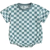 Karuedoo Newborn Baby Boy Girl Clothes Checkered T-Shirt Bubble Romper Oversized Short Sleeve Onesie One-Piece Summer Outfit