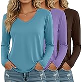Ficerd 3 Pack Women's Long Sleeve Shirts, V Neck Cotton Blend Tops Loose Fit Casual T-Shirts Curved Hem Basic Layering Tees