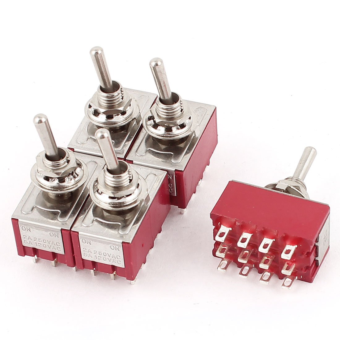 Sourcingmap Red On-On 2 Position 4PDT Toggle Switch AC 250V/2A 120V/5A 5Pcs