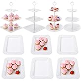 10 Pack White Cupcake Stand Set Plastic Dessert Table Display Set 4 Pcs 3 Tired Cupcake Stand Cookie Tray Rack Serving Tray Cake Display Tower and 6 Pcs Dessert Trays for Wedding Baby Shower Tea Party