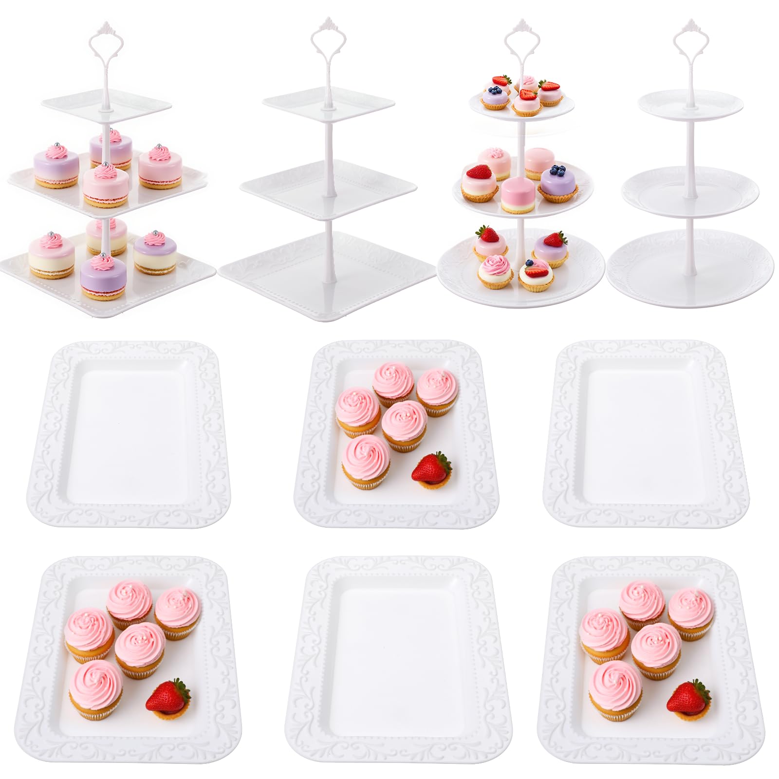 Photo 1 of 10 Pack Cake Stand White Plastic Dessert Table Display Set 4 Pcs 3 Tired Cupcake Stand Cookie Tray Rack Serving Tray Cake Display Tower and 6 Pcs Dessert Trays for Wedding Baby Shower Tea Party