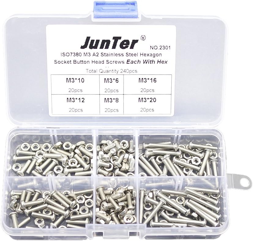 240pcs M3 (3mm) A2 Stainless Steel Button Head Hex Socket Screws Allen Bolts ISO7380 with Nylon Lock Nuts Assortment Kit NO.2301