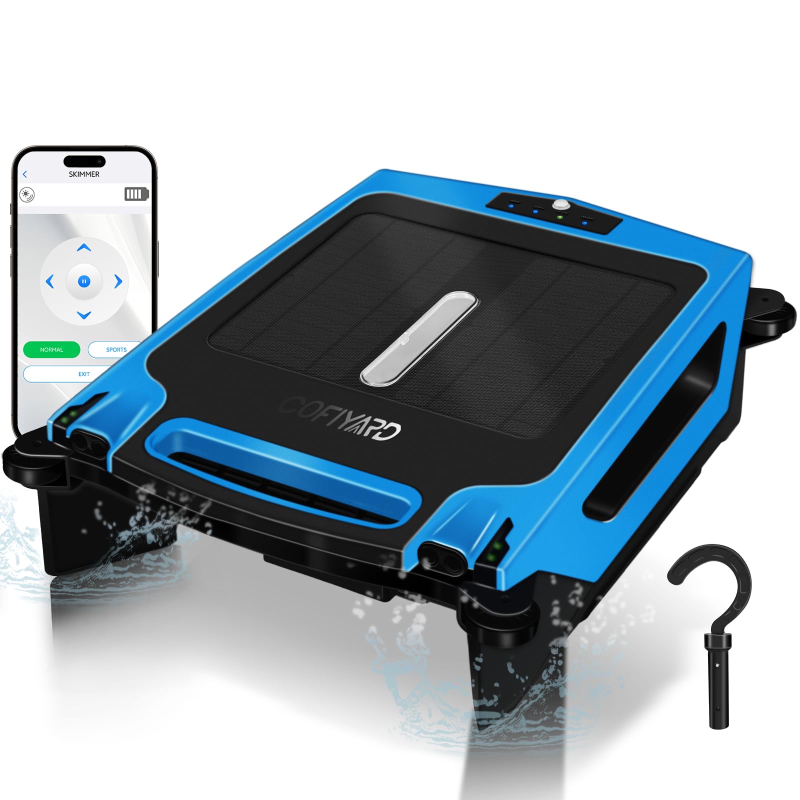 Photo 1 of Cofiyard Solar Pool Skimmer, Pool Surface Cleaner Robot, Solar Powered & Rechargeable Battery, App Remote Control Pool Skimmer Robot for All Swimming Pool-Blue