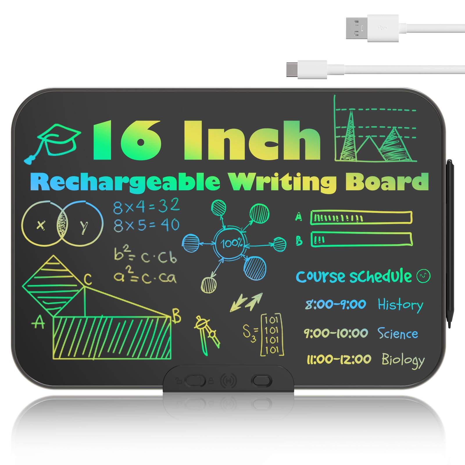 HOMESTEC Toys, 16 Inches Full-Screen Doodle Board for 2 3 4 5 6 Year Old Boys Girls, Rechargeable Kids LCD Writing Tablet, Colourful Drawing Pad, Toddler's Travel Learning Toys Birthday Gifts