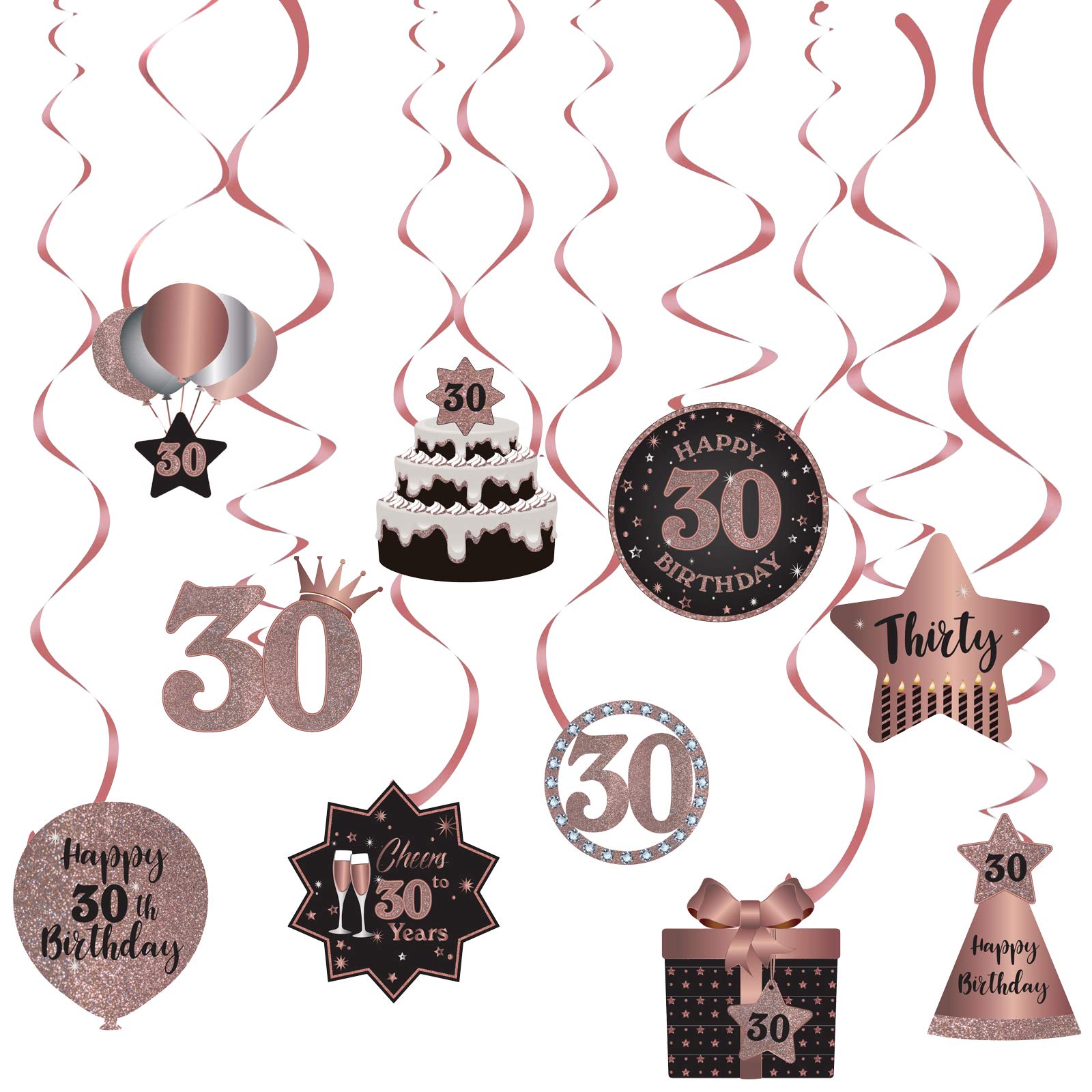 Happy 30th Birthday Party Hanging Swirls Streams Ceiling Decorations, Celebration 30 Foil Hanging Swirls with Cutouts for 30 Years Old Rose Gold Birthday Party Decorations Supplies