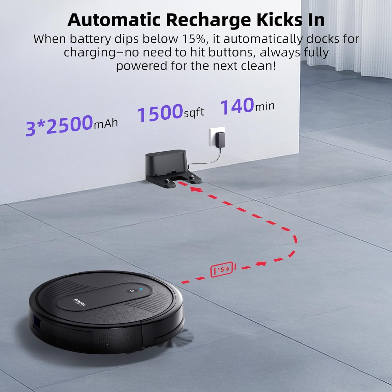 MONSGA Robot Vacuums and mop, Powerful Suction Robotic Vacuum, 140Min Runtime, Vacuum Robot for Hard Floor, Low Pile Carpet, Pet Hair, Remote/App/Voice Control, Schedule Clean (Black)