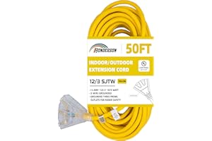 HONDERSON 50 FT Lighted Outdoor Extension Cord with 3 Power Outlets,12/3 SJTW Heavy Duty Yellow Extension Cable with 3 Prong Grounded Plug for Safety,UL Listed