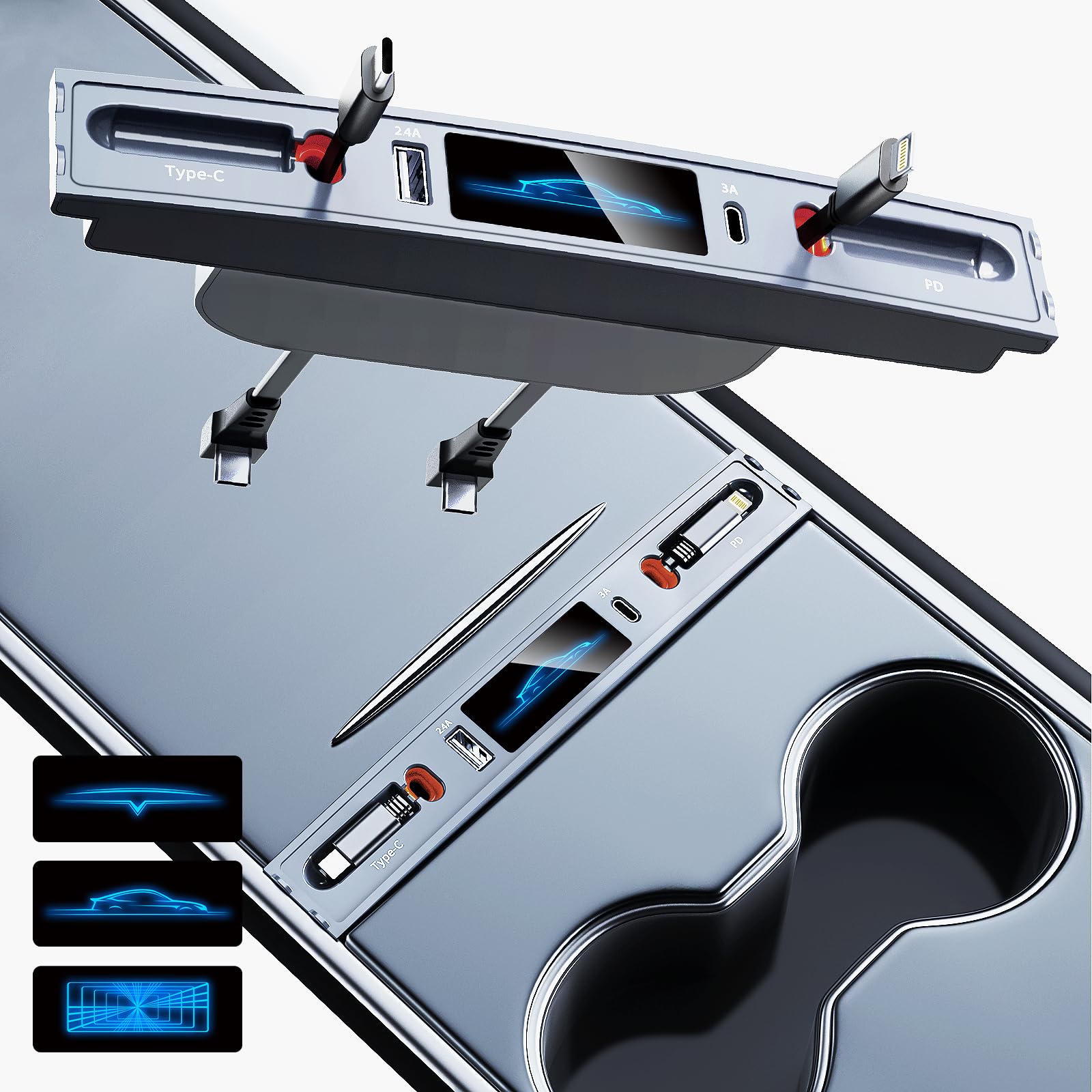 Photo 1 of (UNTESTED) SAMORINO for Tesla USB Hub, Docking Station with Retractable Fast Charging Cable for Tesla Model 3 Model Y 2023 2022 2021, Interior Accessories for Tesla Model 3/Model Y Center Console