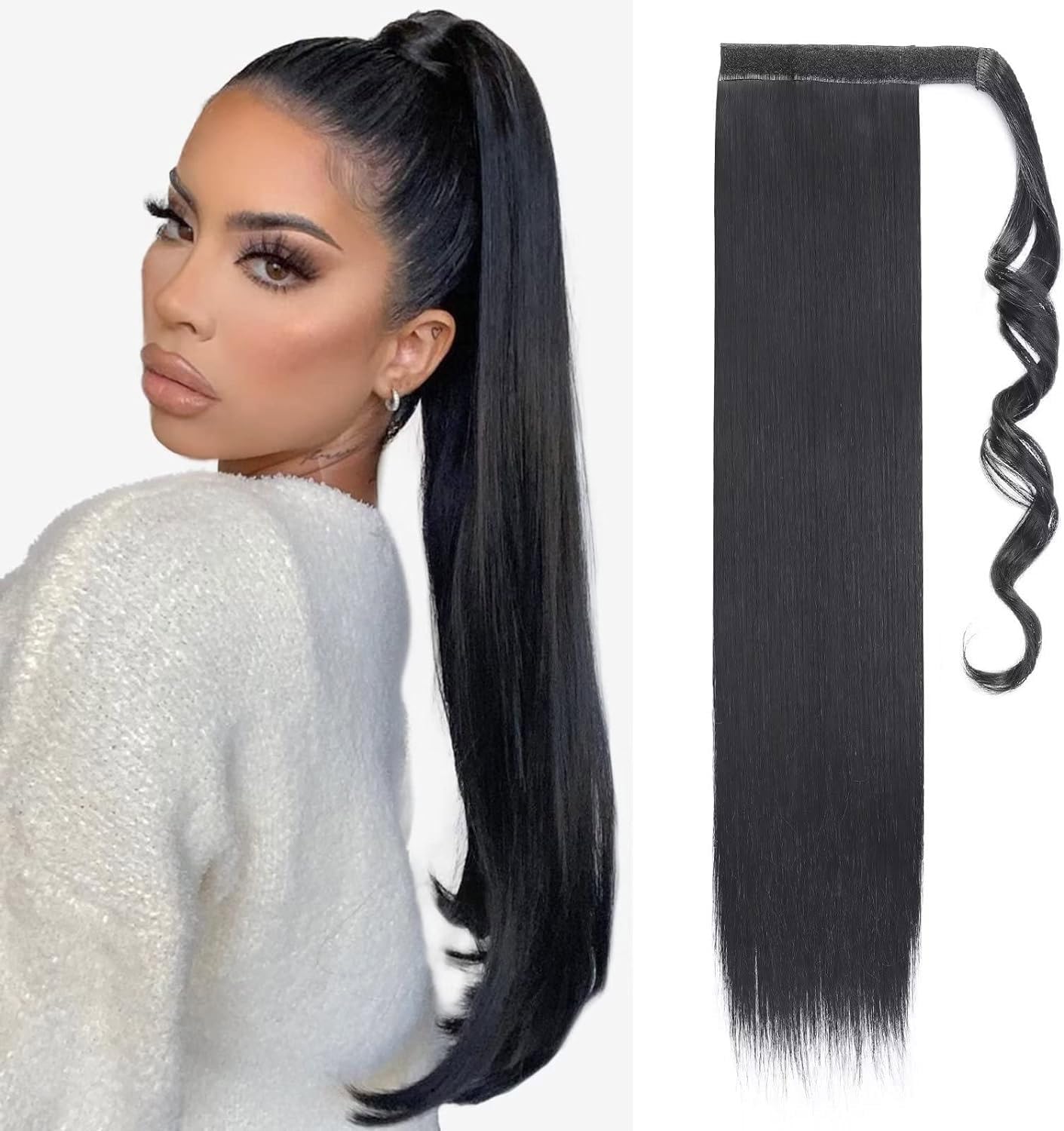 TESS Clip In Ponytail Hair Extensions Black 23 Inches, Dark Black Straight Hair Extensions Clip In Ponytail 90g Fake Extension — image 1