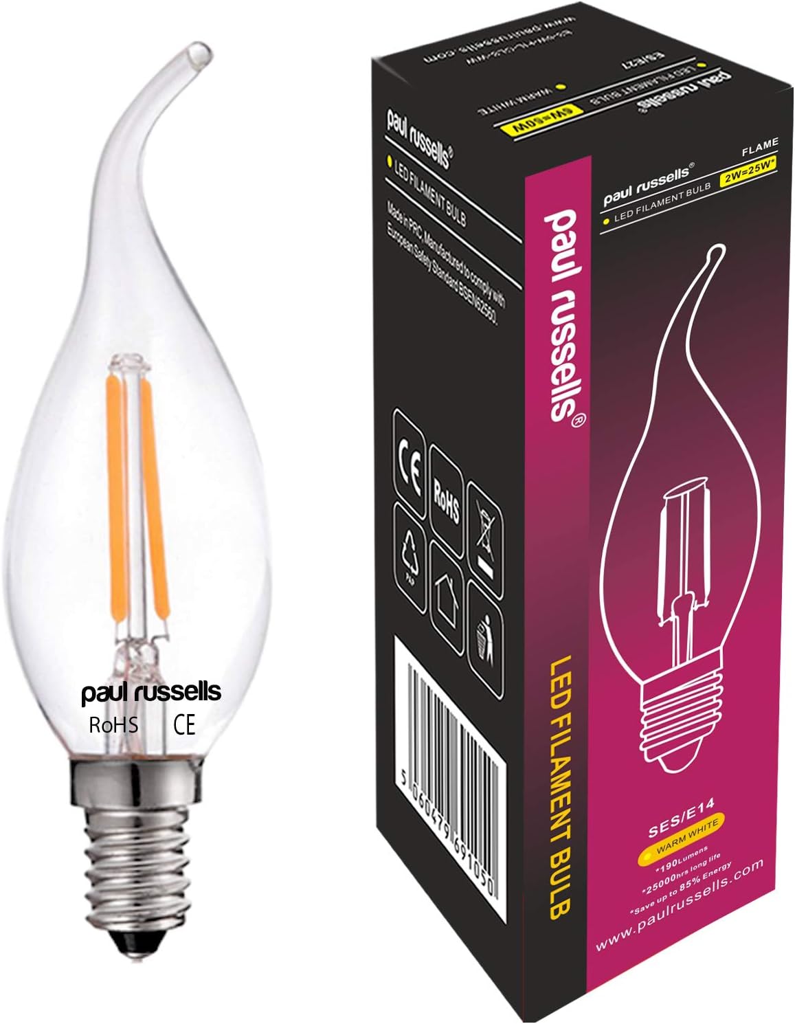 paul russells LED Flame Candle Filament Light, 2.5W 25W Equivalent Replacement, 250LM Lumens, 2700K Warm White - Image 3
