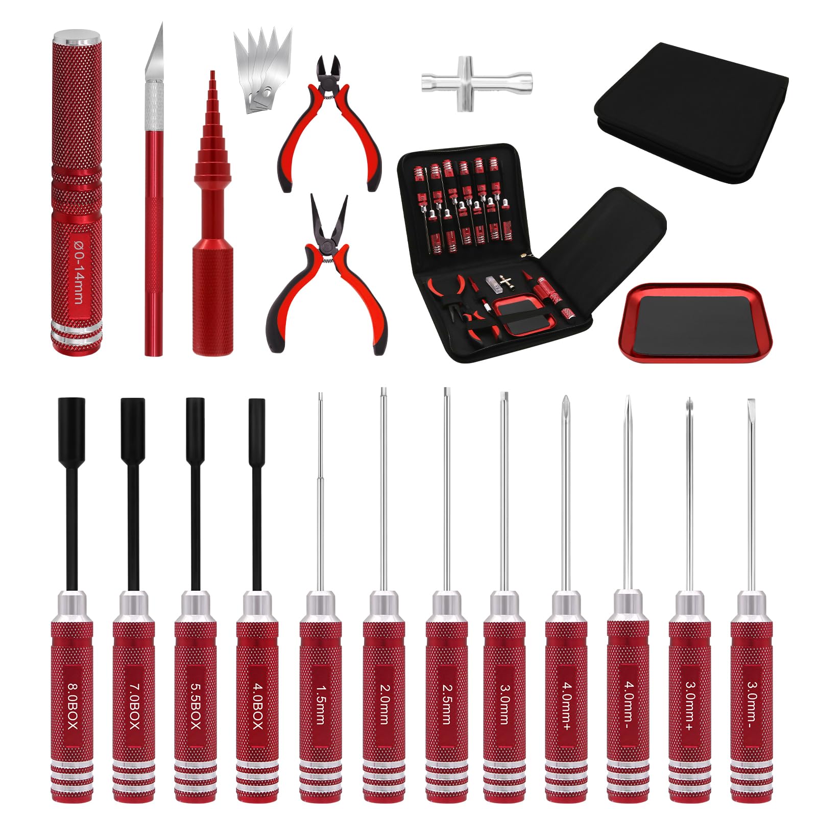 Craznick 19Pcs RC Car Tool Kit Hex Screwdriver Set Hex Nut Drivers Phillips Screwdriver Pliers Wrench Body Reamer for 1/8 1/10 Traxxas Axial Arrma DJI Drone Boat RC Repair Tool Kit Red