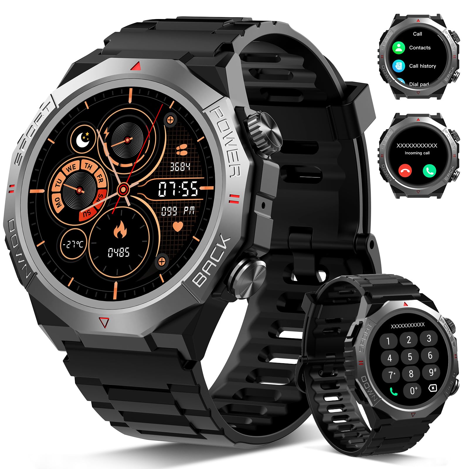 Atheewon Military Smartwatch Men Women Smart Watch with Phone Function 1.39 Inch Touch Screen Heart Rate Monitor Sleep Monitor IP68 Waterproof Sports Watch 110+ Sports Modes Fitness Watch for iOS Android