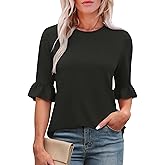 Rapbin Womens 3/4 Length Sleeve Tops Loose Fit Casual Crew Neck Shirts Ruffle Tunic Blouses