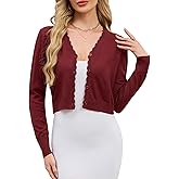 EeYu Womens Cropped Cardigan Long Sleeve Button V Neck Cardigans Sweater Ribbed Hem Scalloped Shrug