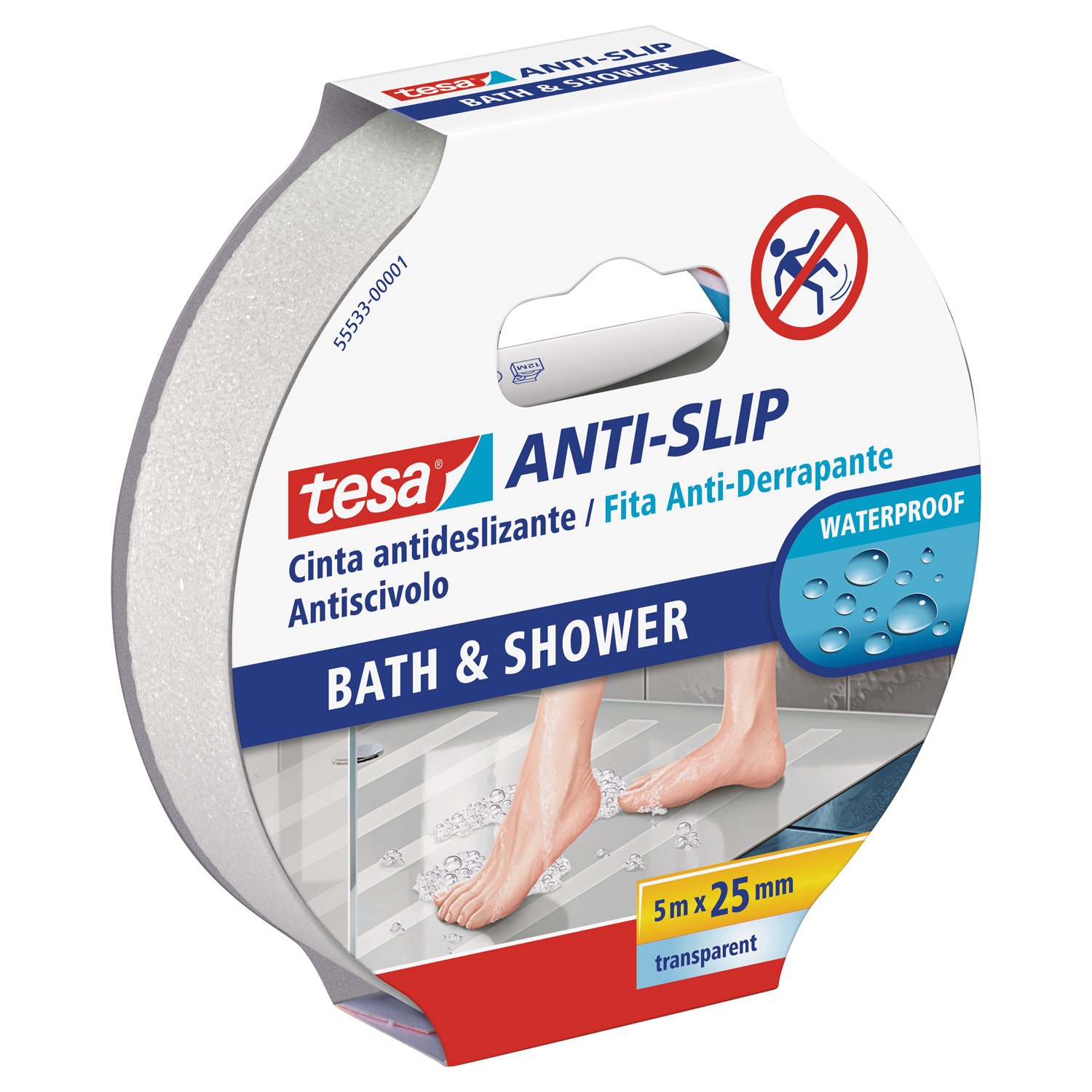 tesa TE55533-00001-11 Cinta antideslizante 5m x 25mm transparente baño, Standard