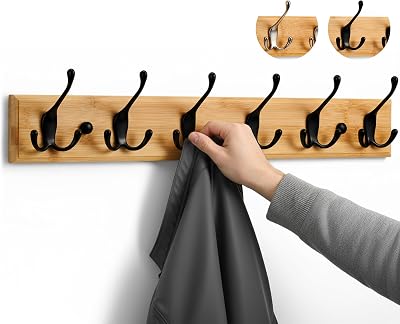 LARHN Wooden Coat Hooks Wall Mounted 6 Triple Black Bamboo 59 cm