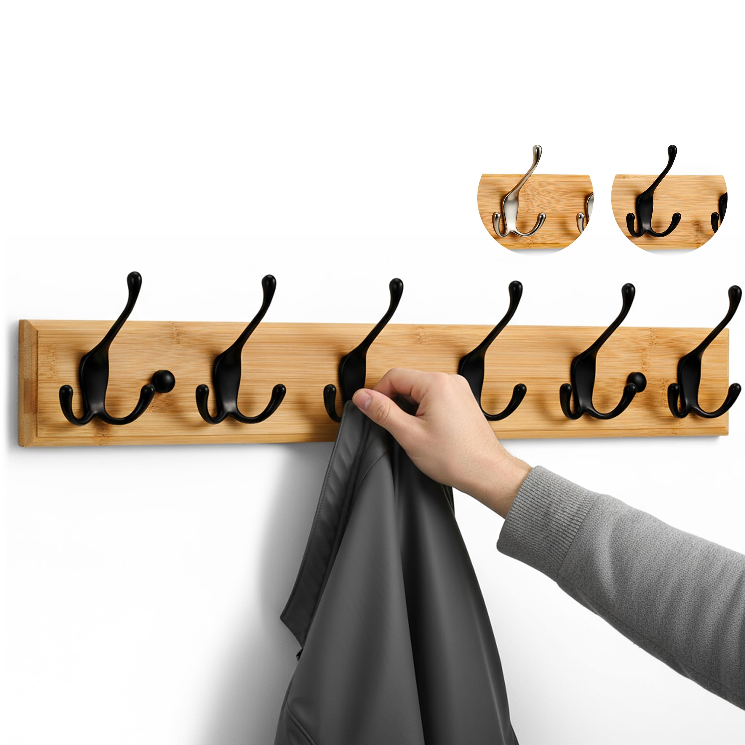 LARHN Wooden Coat Hooks - Wall Mounted Coat Rack - 6 Triple Black Coat Hooks for Wall on Bamboo - 59 cm - All Fixings Included for Quick & Easy Installation