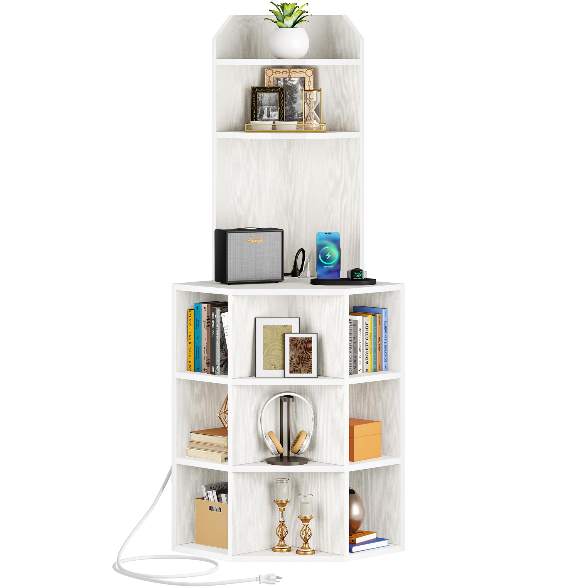 Photo 1 of YITAHOME Corner Shelf with USB Ports & Outlets, Modern Corner Storage Cabinet Rack, Wooden Corner Cube Storage Display Bookshelf Bookcase for Living Room, Bedroom, Dining Room, White