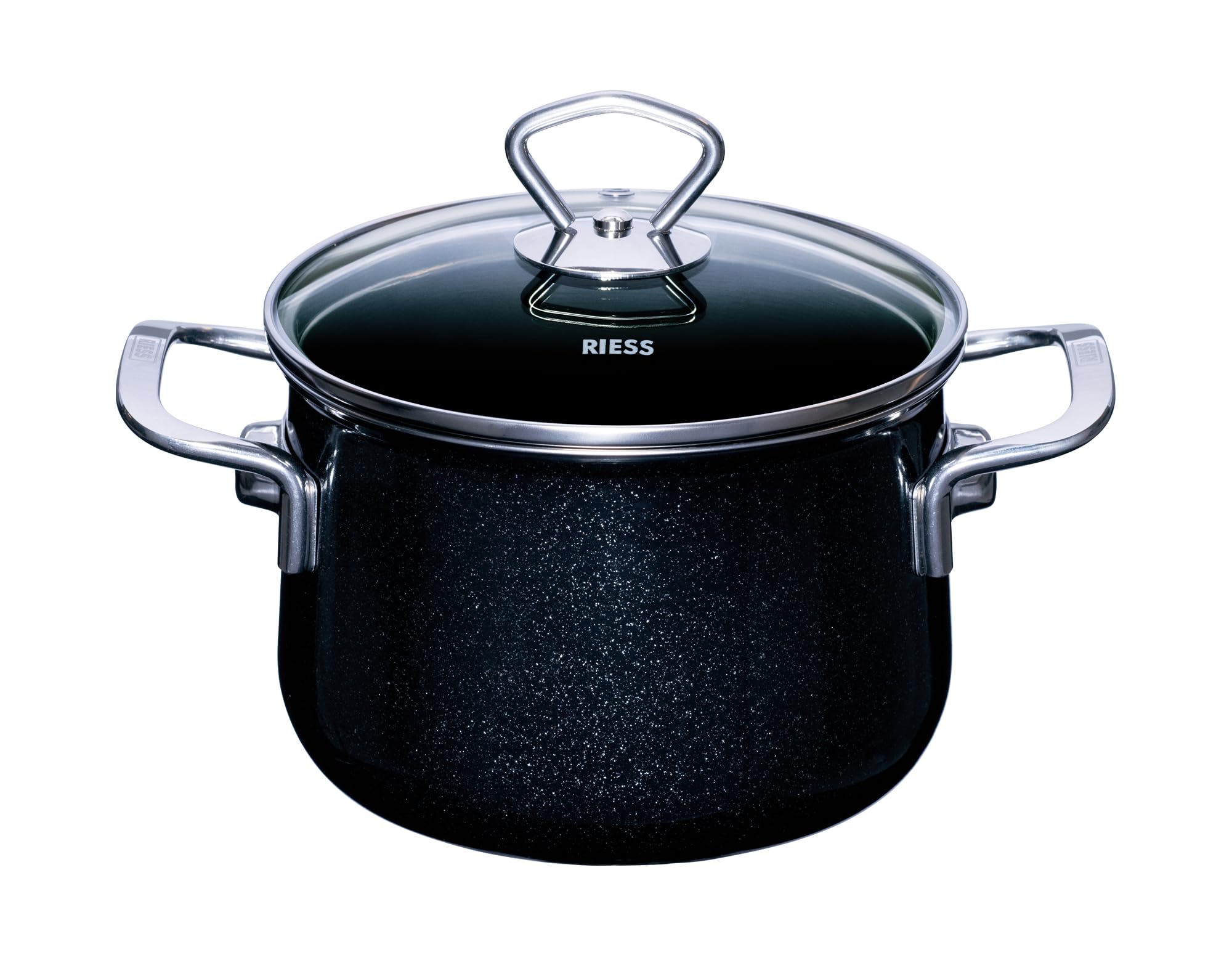 RIESS 0701-009 Meat Pot with Glass lid, Nouvelle- Black Magic Extra Strong, Diameter 16cm, Height 18 cm, Capacity 2 litres, Enamel, Black, Induction