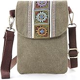 SILKAREA Vintage Embroidered Canvas Flip Small Crossbody Bag Cell Phone Pouch for Women Wristlet Wallet Bag Coin Purse