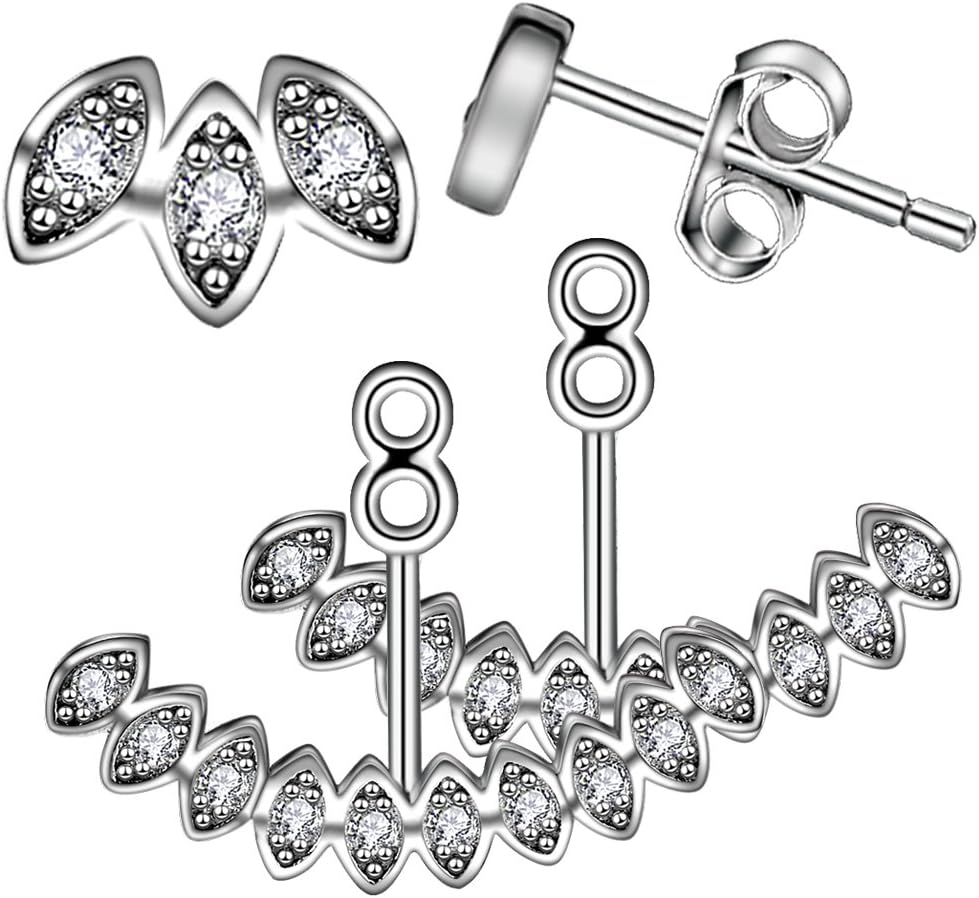 ElensanLeaf Ear Jacket 925 Sterling Silver Stud Earrings with Cubic Zirconia for Woman
