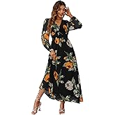 Simplee Women's Boho Floral Maxi Dress Flowy Casual V Neck Short Sleeve Wedding Guest Holiday Beach Long Dress