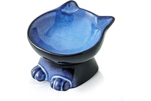 Nihow Slanted Elevated Cat Bowls: 5 Inch Ceramic Raised Cat Food Bowl for Protecting Pet's Spine - Microwave & Dishwasher Safe -Elegant Blue & Black (4.5 OZ /1 PC)