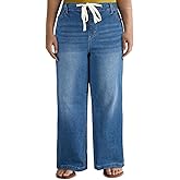 Eytino Women's Plus Size Wide Leg Jeans Elastic Waist Drawstring Stretchy Denim Pants with Pockets(1X-5X)