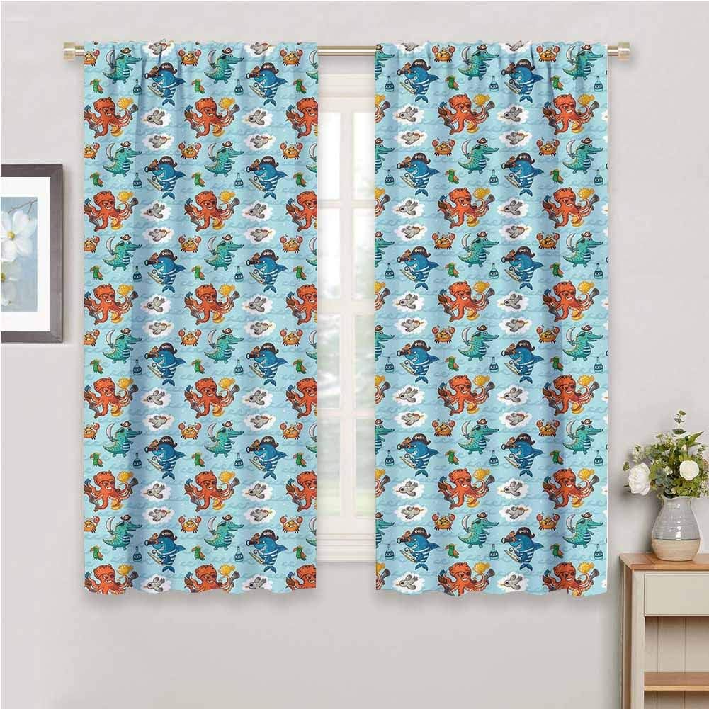 Heat Insulation Curtain Pirates Curtains 45 inch Length, Pirates Crocodile Octopus Shark Crab Seagulls Parrot Bottle of Rum Cartoon Style Privacy Protection Multicolor W55 x L45 Inch