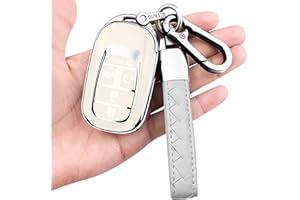Sindeda for Honda Key fob Cover with Leather Keychain Soft TPU Full Cover Protection,for 2022 2023 2024 Civic Accord HR-V Pilot CR-V,5 Buttons Key Fob Shell (White)
