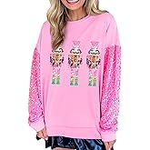 Aonoapll Women Christmas Nutcracker Sweatshirt Sequin Embroidered Oversized Sweater Long Sleeve Pullover Sweatshirts Top