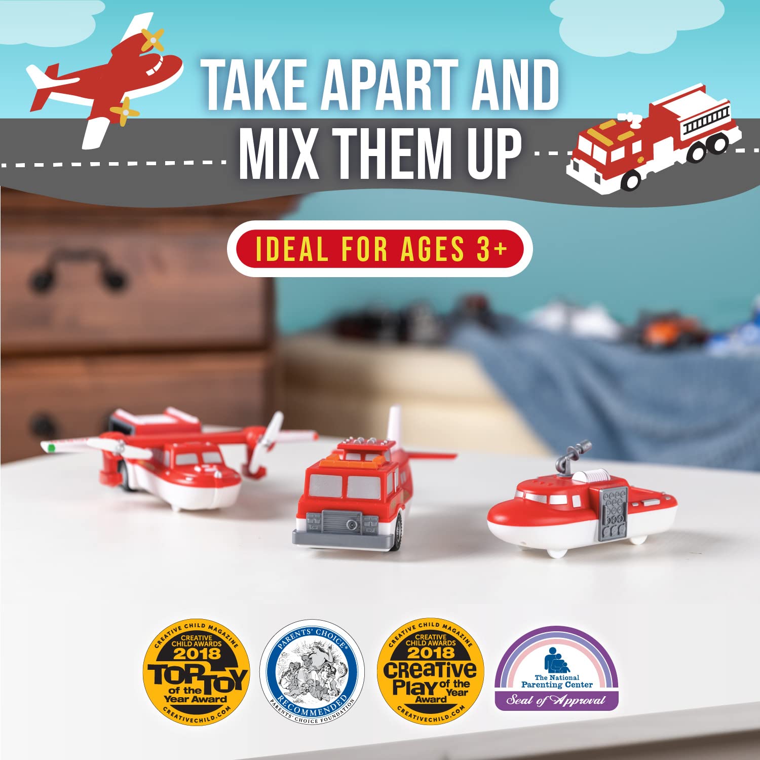 Popular PLAYTHINGS Magnetic Mix or Match® Vehicles, Fire & Rescue, Red and White