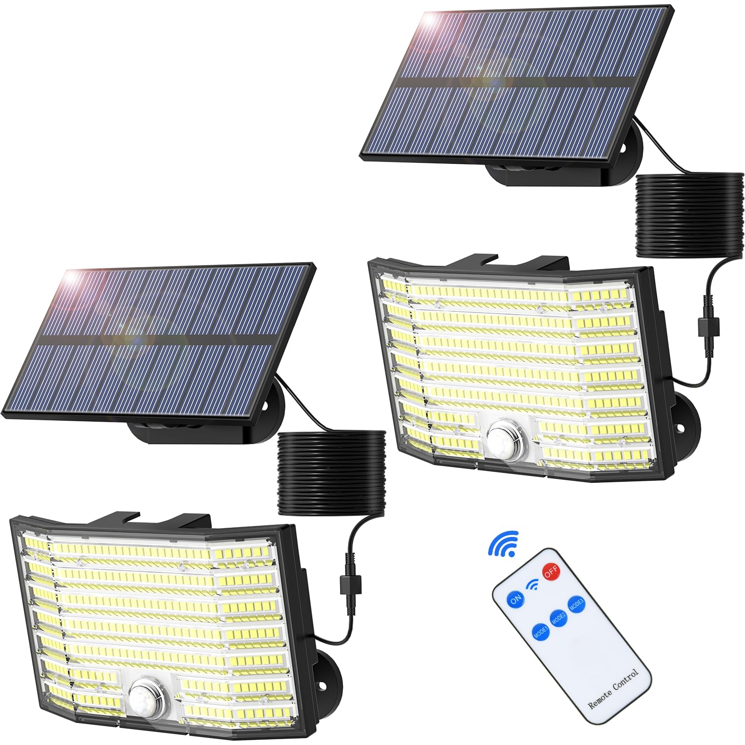 Solar Lights Outdoor, 226LED Solar Security Lights Outdoor Motion Sensor, 3 Modes Split Solar Powered Flood Lights, IP65 Waterproof with Remote & 16.5Ft/5M Cable for Outside Garden Shed Yard 【2 Pack】
