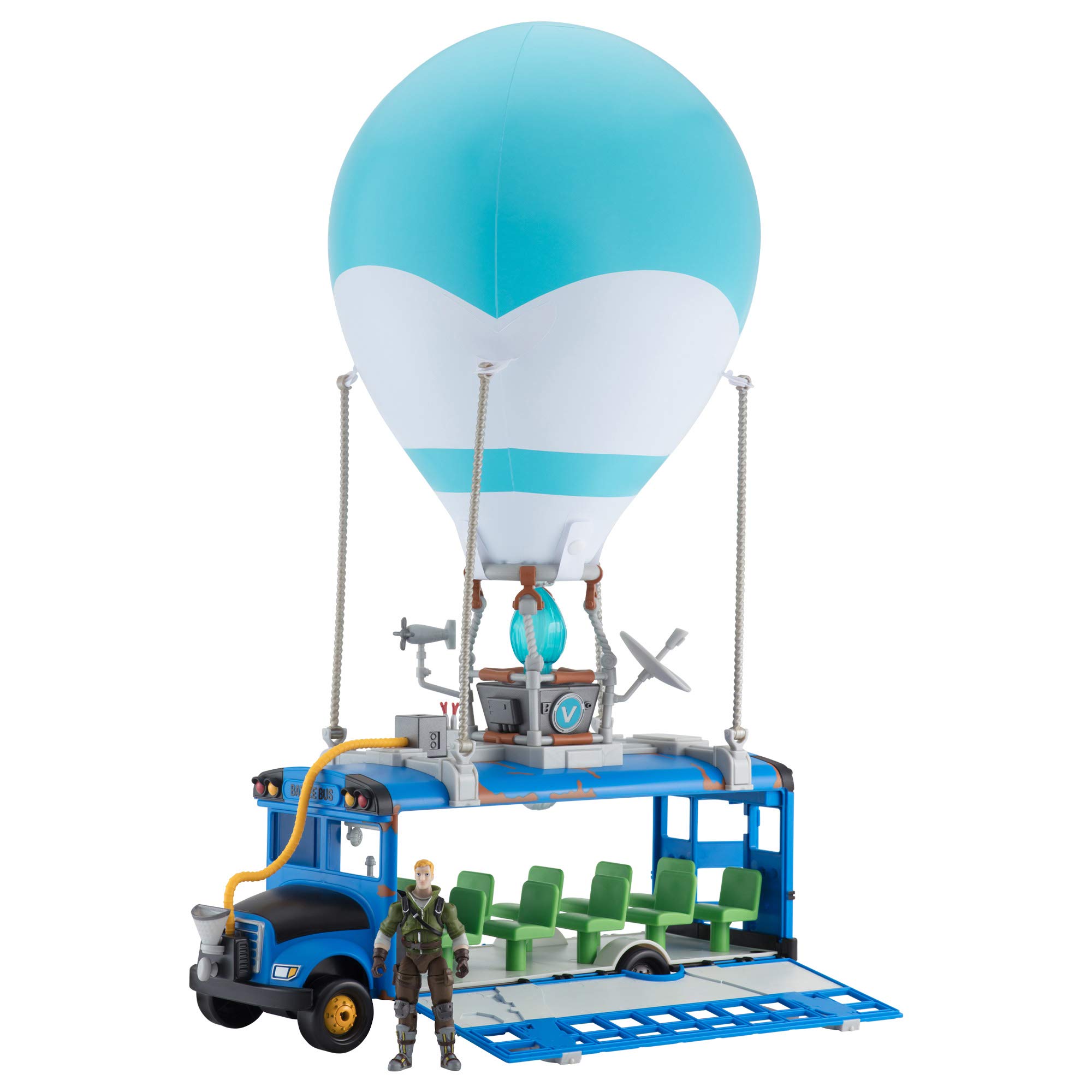 Fortnite Battle Deluxe-Features Inflatable Balloon with Lights & Sounds, Rolling Wheels on Bus-Includes 4 Inch Recruit (Jonesy)