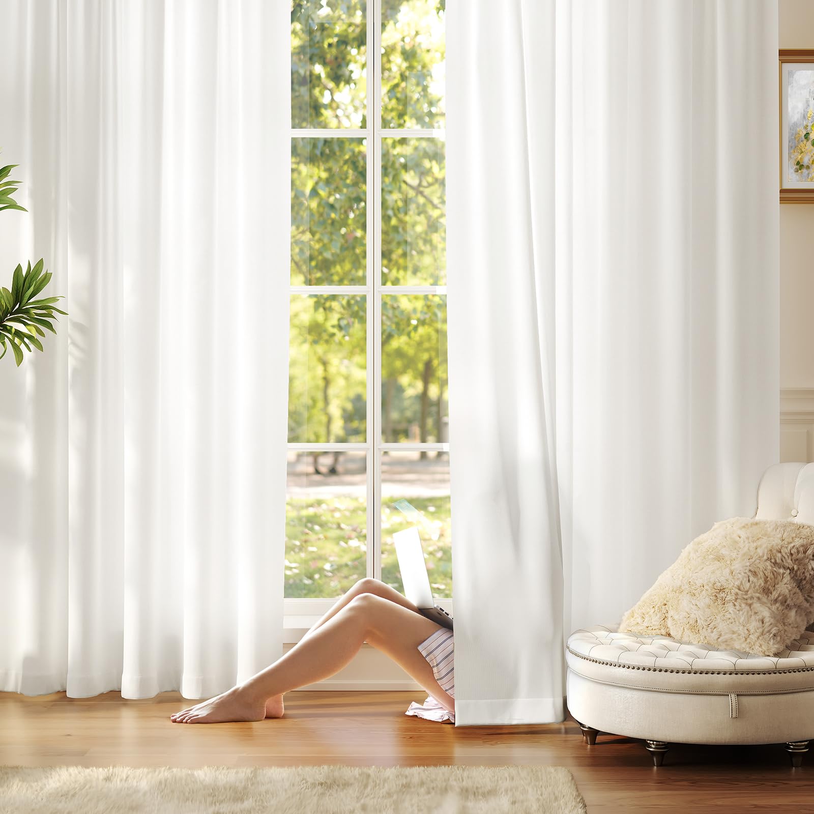 Photo 1 of Anmao Non-See-Through Off White Privacy Semi Sheer Curtains for Living Room 84 Inch Length 2 Panels Set, Light Filtering That Let Light in Rod Pocket Window Drapes for Bedroom, 52W x 84L, Ivory White