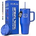 IRON FLASK Co-Pilot Insulated Mug w/Straw & Flip Cap Lids - Cup Holder Bottle for Hot, Cold Drink - Leak-Proof - Water, Coffee Portable Travel Mug - Cobalt Blue, 32 Oz