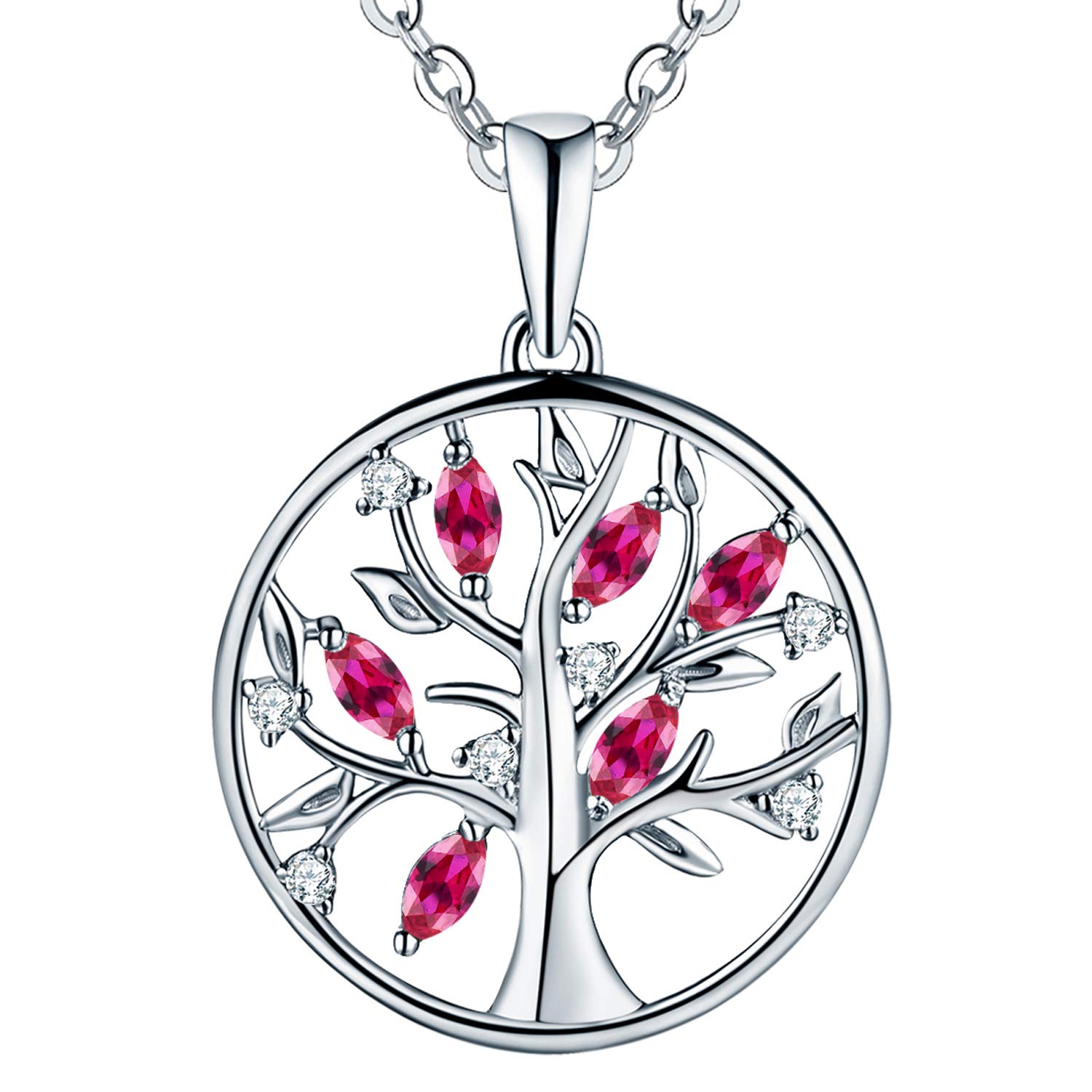 JO WISDOM Tree of Life Necklace,925 Sterling Silver Family Tree July Birthstone Red Ruby Coin Pendant Necklace — image 1