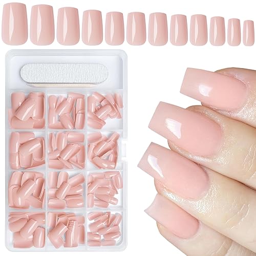 AddFavor 240pcs Nude Press on Nails Medium Square Fake Nails, Glossy Acrylic Press on Nails Gel False Nails with Adhesive Stick for women