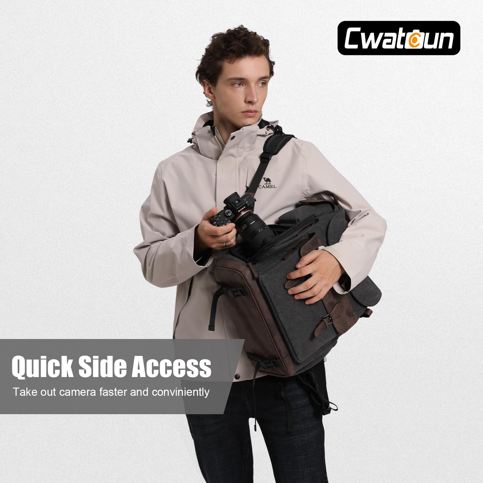 Cwatcun Canvas Camera Backpack, DSLR SLR Camera Bags for Photographers with Waterproof Rain Cover, Camera Case with Laptop Compartment & Tripod Holder for Canon Nikon Sony Fuji Camera & Lenses