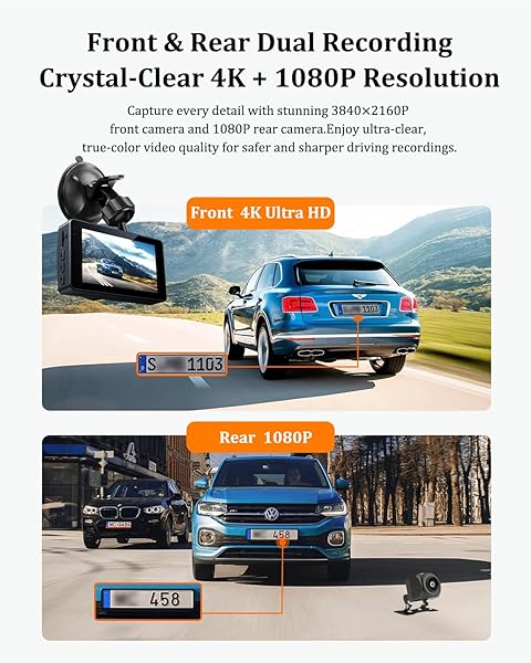 DASH CAM FRONT AND REAR, DASH CAMERA FOR CARS 4K+1080, DASHCAM BUILT-IN WIFI, APP CONTROL, 32GB CARD INCLUDED, 3″ IPS TOUCH SCREEN, 24H PARKING MONITOR, NIGHT VISION, G-SENSOR