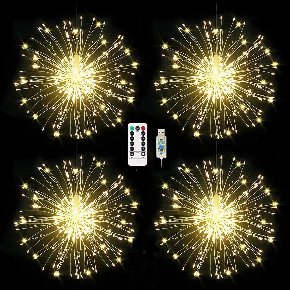 Redefun 4 x 120 LED Firework Lights, Dimmable Starburst Lights USB Powered 8 Modes Copper Wire String Lights with Remote, Waterproof Hanging Christmas Lights for Indoor Outdoor Decorations(Warm White)