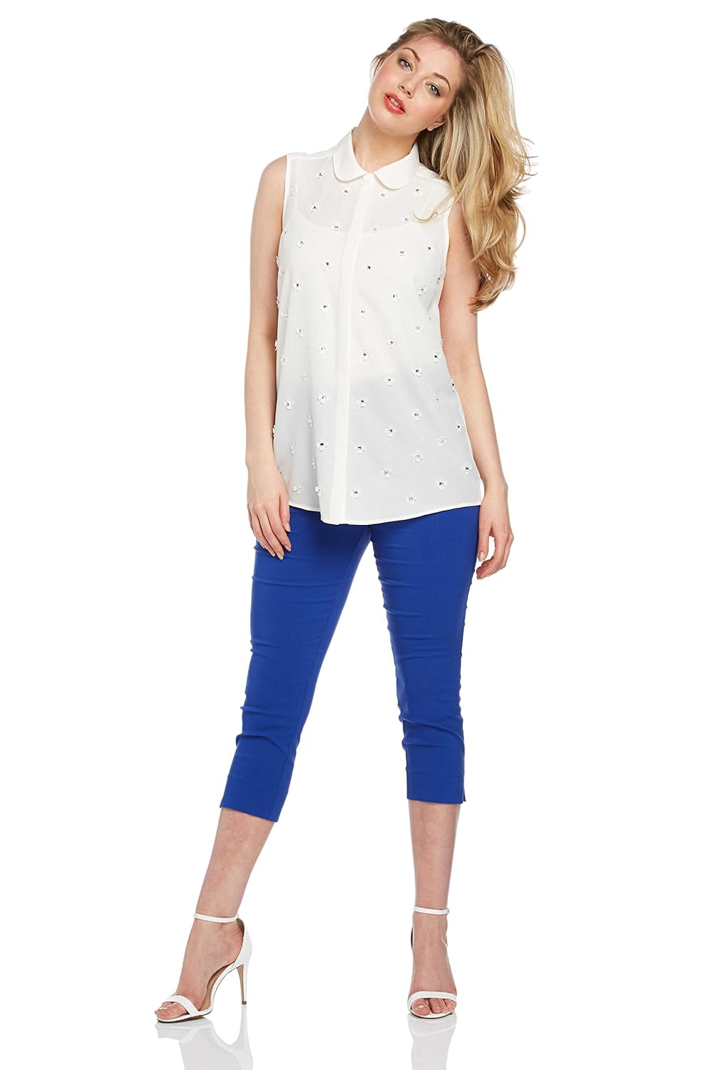 Roman Originals Womens Blue Stretch Cropped Capri Short Stretch Bengaline Trouser - 20: Amazon 
