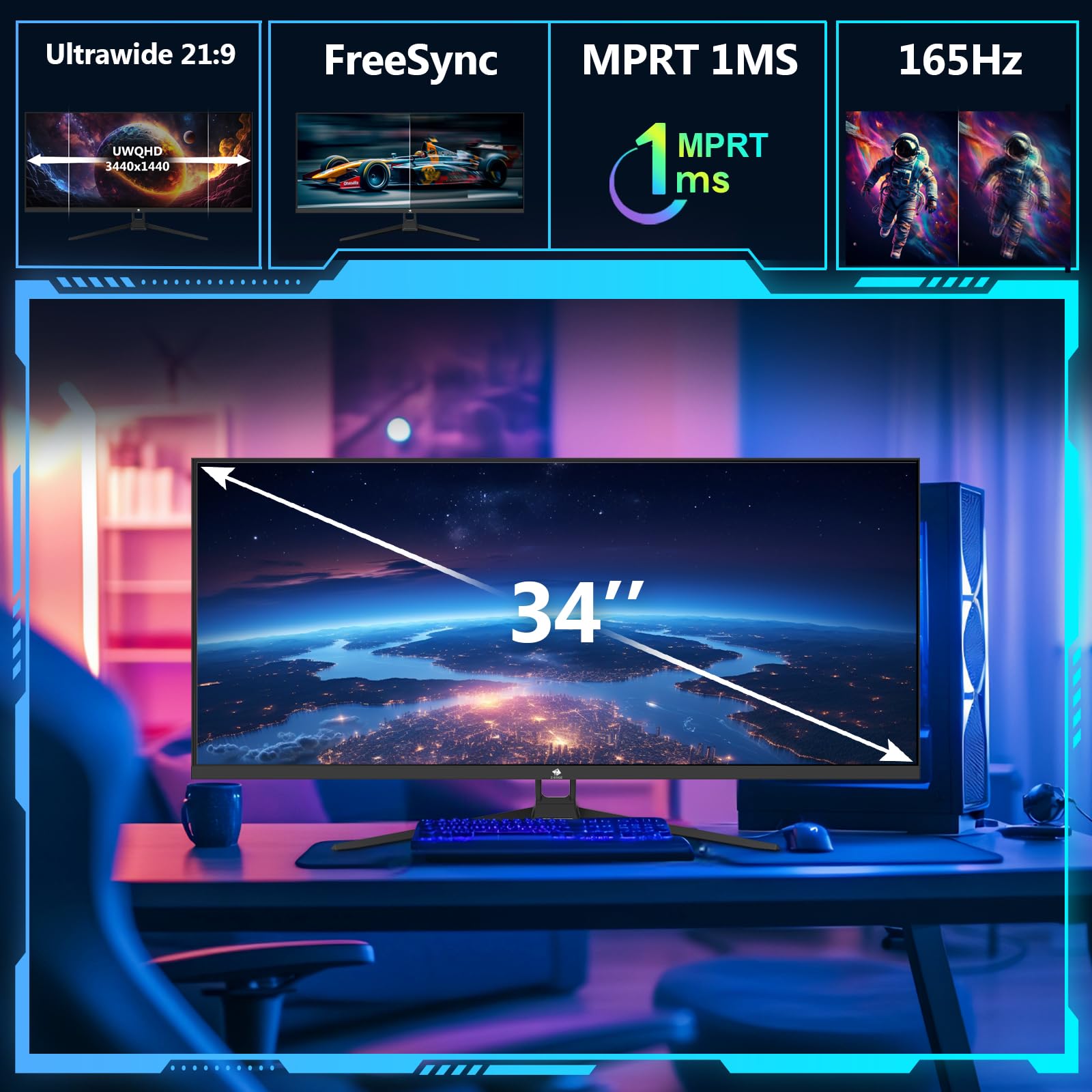 Z-Edge 34 Zoll Ultrawide Monitor UWQHD Gaming Bildschirm 165Hz 1ms MPRT, 3440x1440, 21:9 IPS, 100% sRGB, FreeSync, Pip & PBP, DisplayPort (165Hz) HDMI (100Hz), Schwarz 2