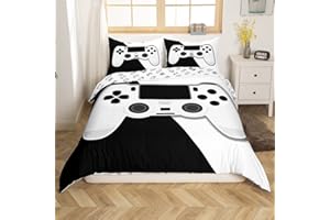 Homewish Gamer Bedding Set 2pcs for Kids Boys Teens Video Game Controller Comforter Cover Black and White Gamepad Duvet Cover Set Gaming Quilt Cover with 1 Pillowcases (No Comforter) Twin Size