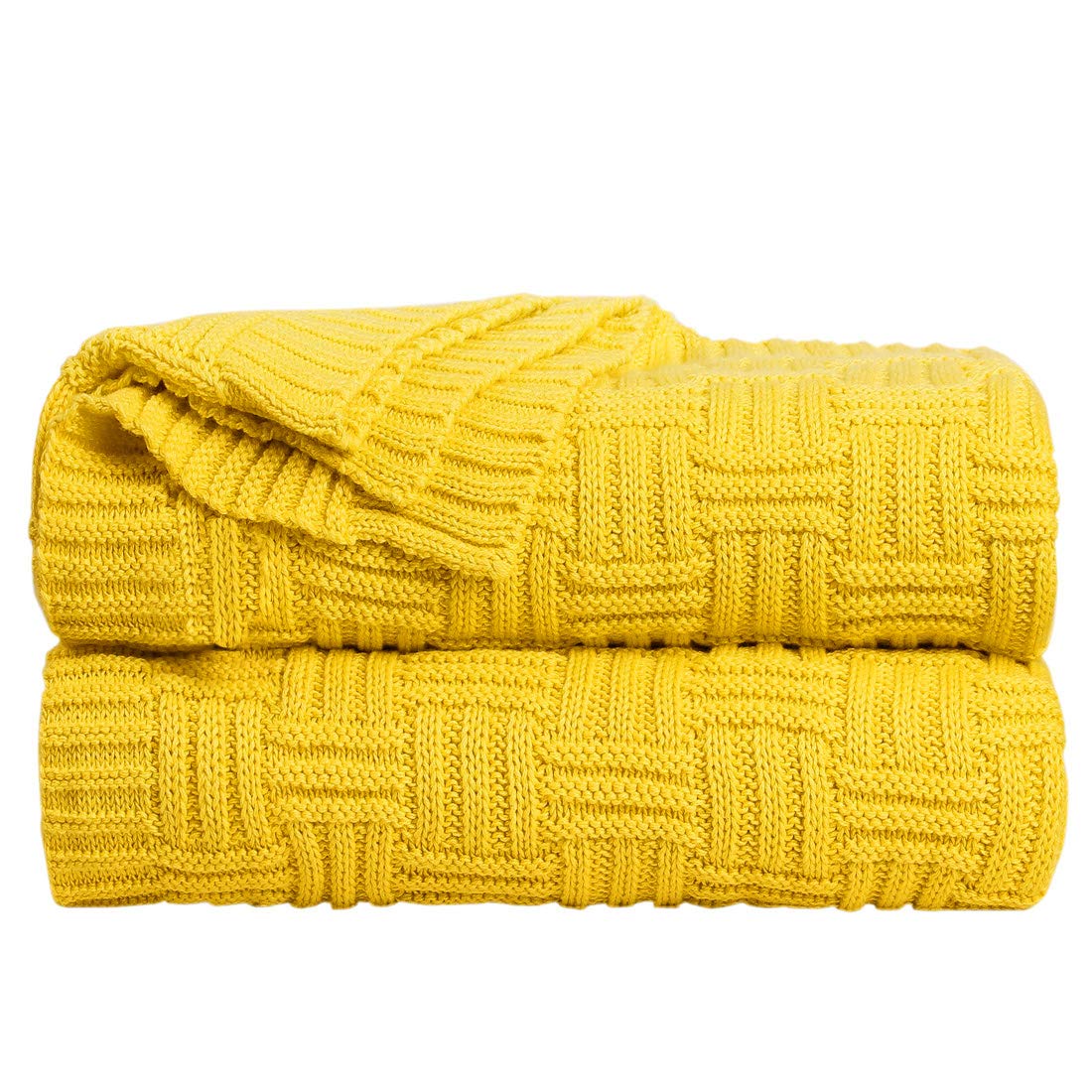 sourcing map 100% Cotton Cable Knit Throw Blanket Soft Lightweight Lap Blanket Textured Solid Sofa Throw Couch Cover Decorative Knitted Blankets, Yellow 47"x 70"