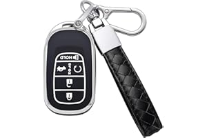 Kespevn for Honda Key Fob Cover 5 Button Soft TPU with Leather Keychain 360 Degree Protection Key Case Shell Holder Fits for 2022 2023 2024 Honda Accord Civic HR-V CR-V Pilot Odyssey, B Black