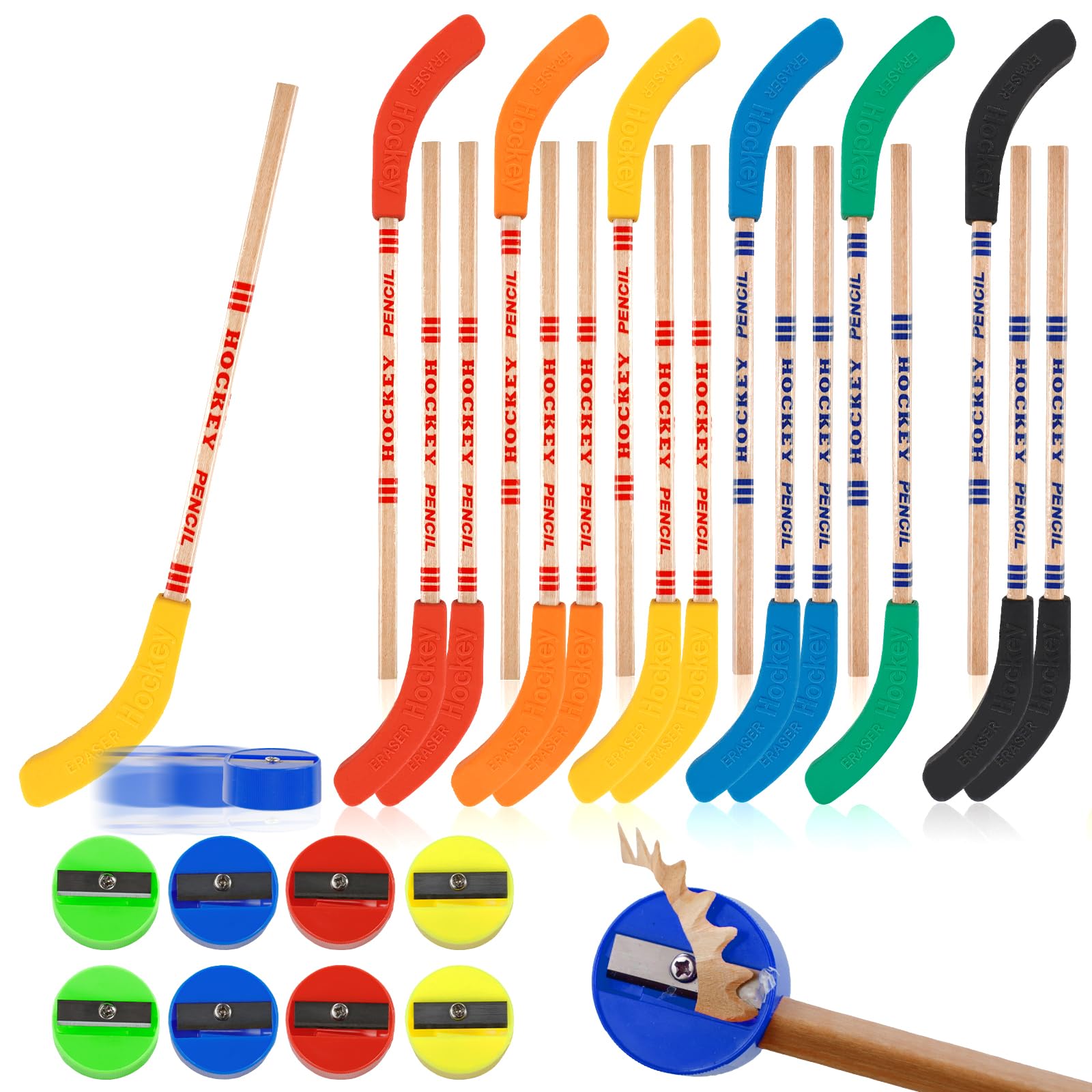 OT-NVWOZR 18pcs Hockey Pencils with Erasers, Colorful Hockey Sticks Pencil with 8 Round Manual Pencil Sharpeners, Bulk Pencil for Students Fans Sports Hockey Favors Gifts