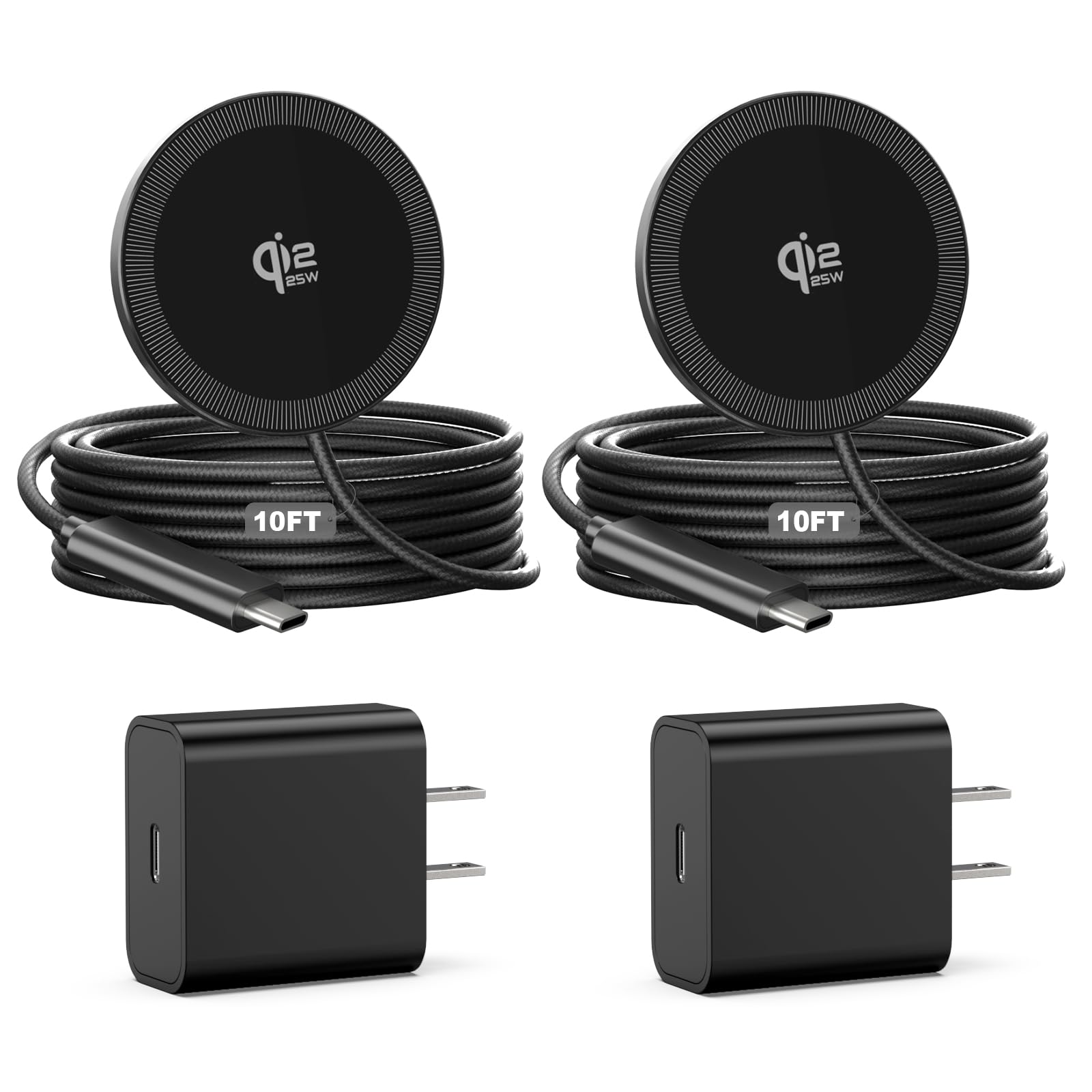 25W Magnetic Wireless Charger, 10FT Fast Charging Pad Qi2.2 Wireless Charge for iPhone 17 16 /AirPods3/2/Pro/for Galaxy S26 Ultra/Pixel 10 Series, Portable Charger for Desk& Travel(2Pack,Black)
