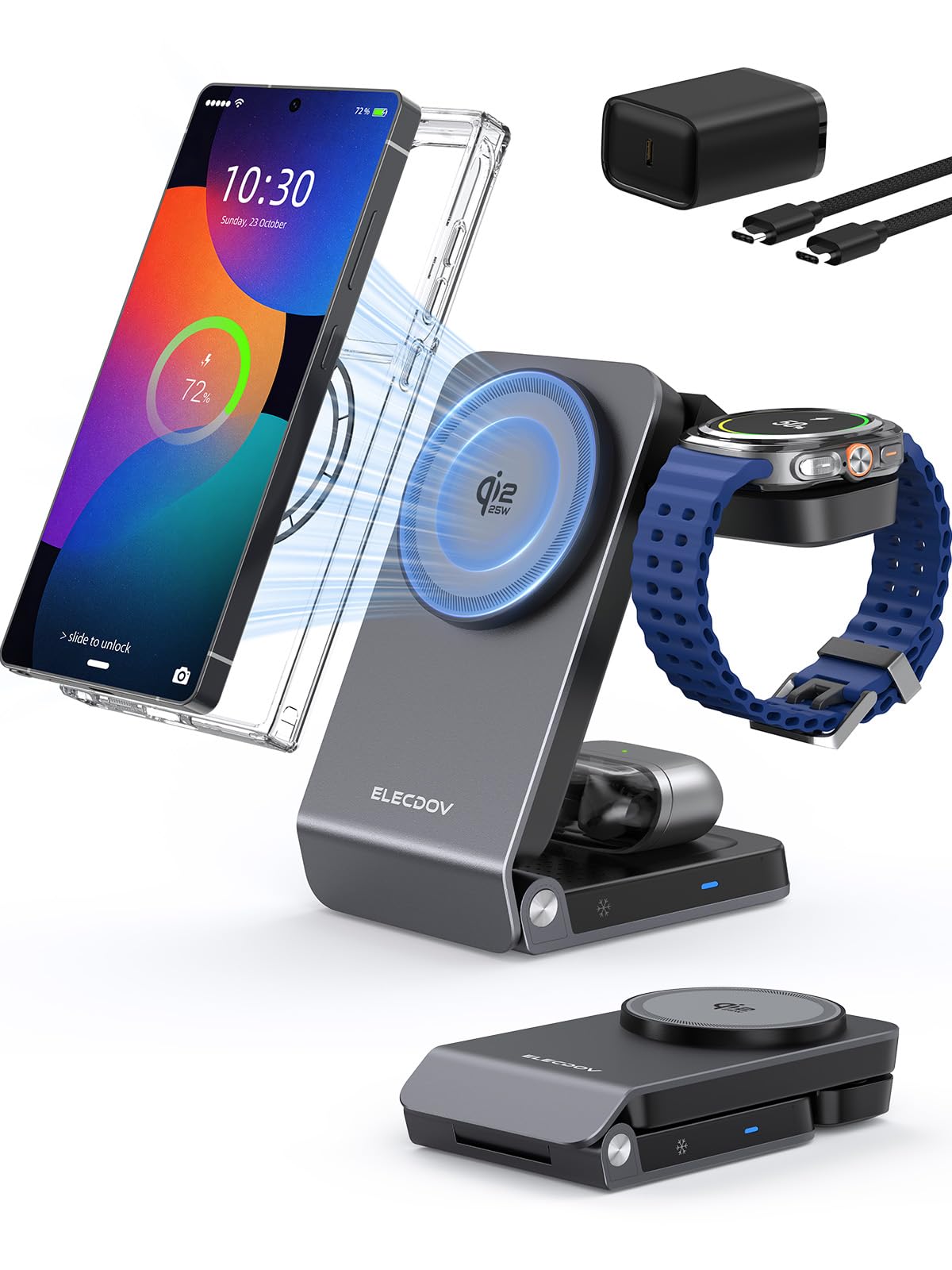 Wireless Charger for Samsung – 25W Magnetic Charger with Active Cooling & 45W Adapter, 3 in 1 Foldable Charging Station for Samsung Galaxy S26 Ultra, Galaxy Watch 8 & Buds4, for Android Devices